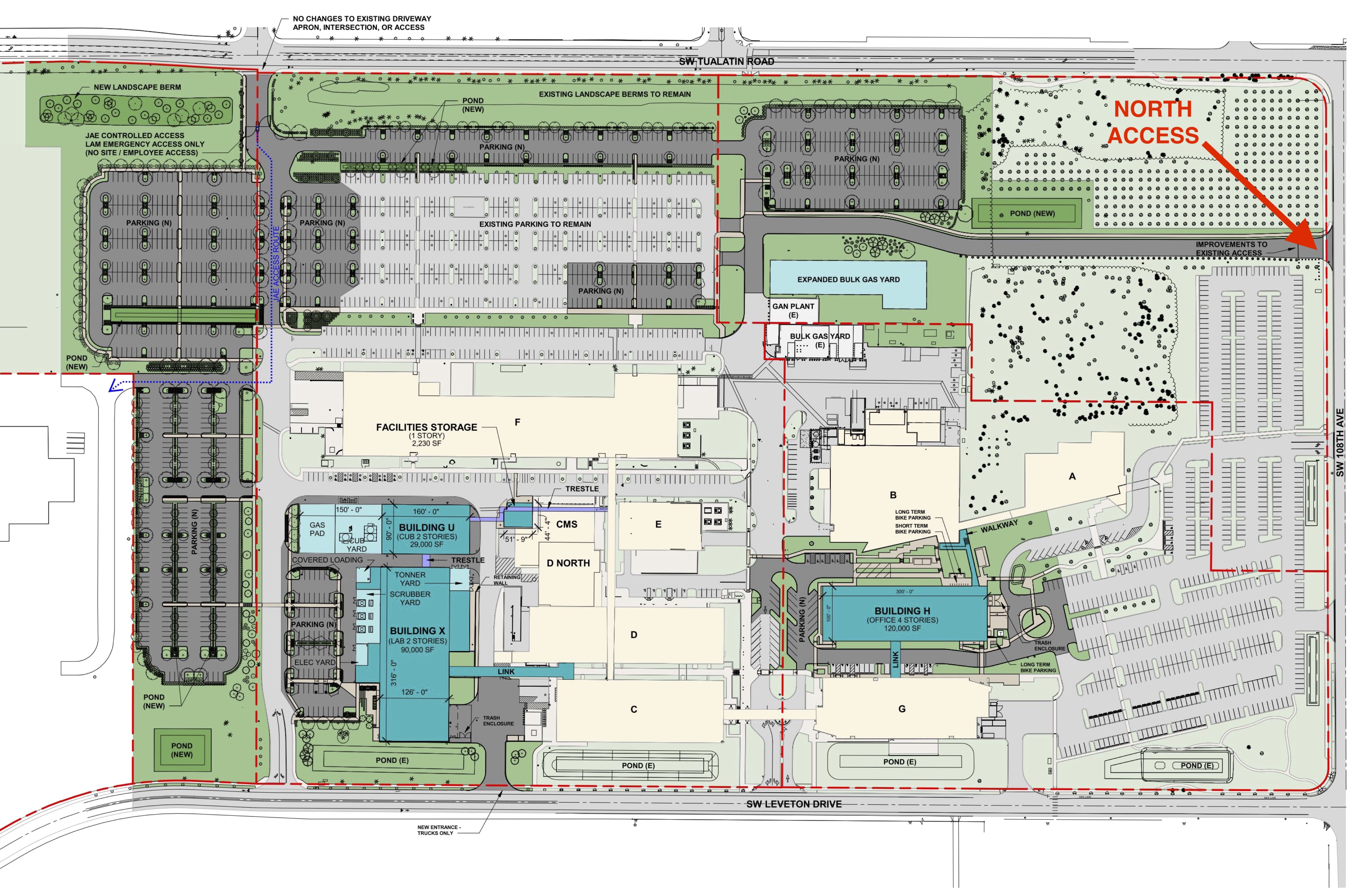 Lam's site plan showing new buildings and location of an expanded entrance on SW 108th Ave.